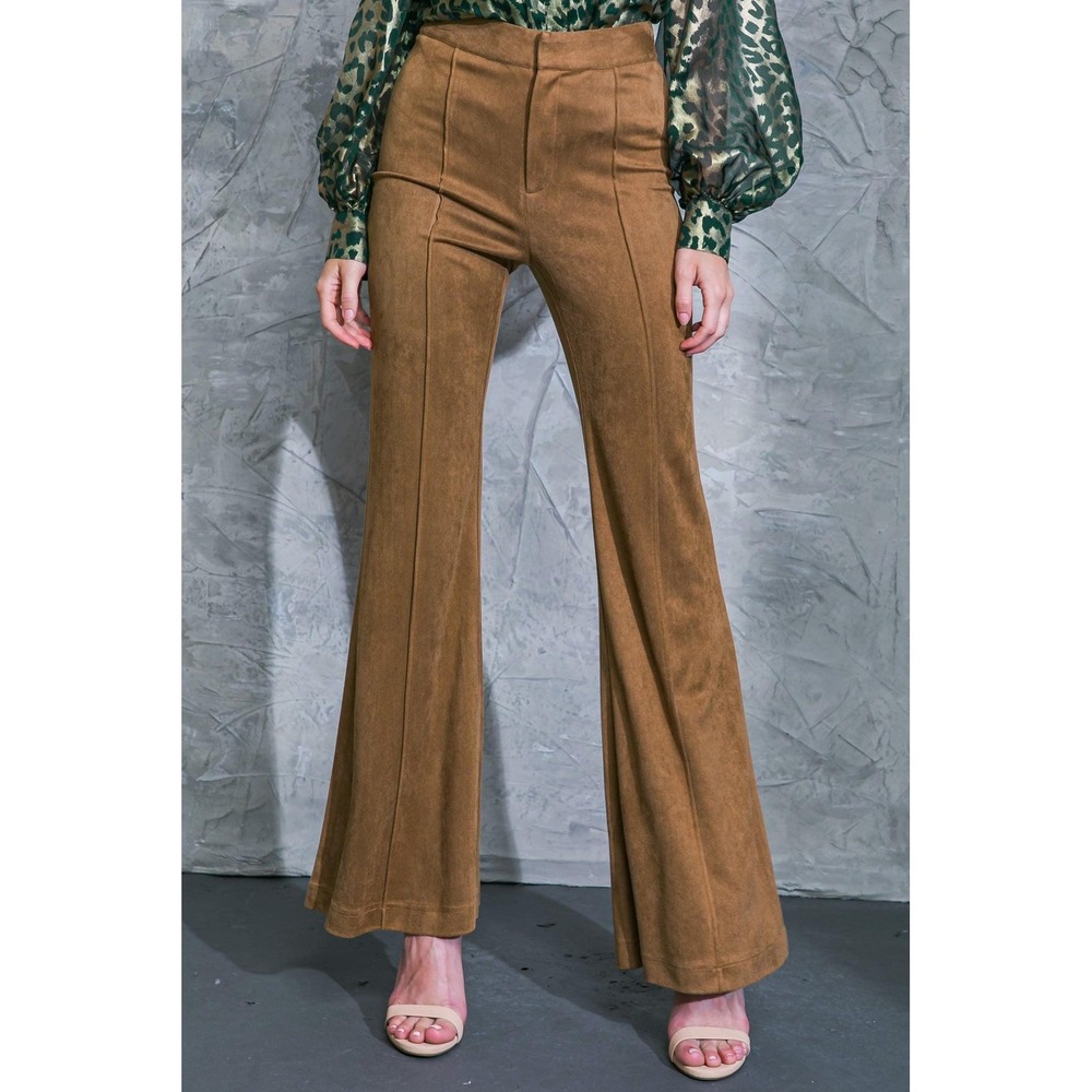 Flying Tomato NWT Faux Suede Flare Pants Biscotti Brown Pintuck Wide Leg Small